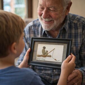 "Gone Fishing" Pebble Art by Mimi (5" x 7") Framed Wall Home Decor Gift Stone